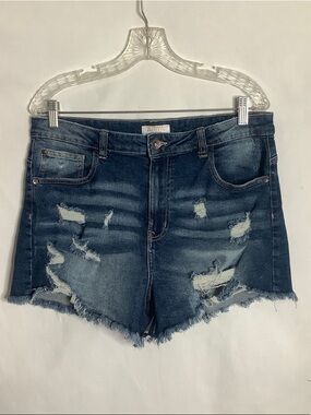 Ariya Distressed High-Rise Ripped Denim Shorts in Blue Size 32